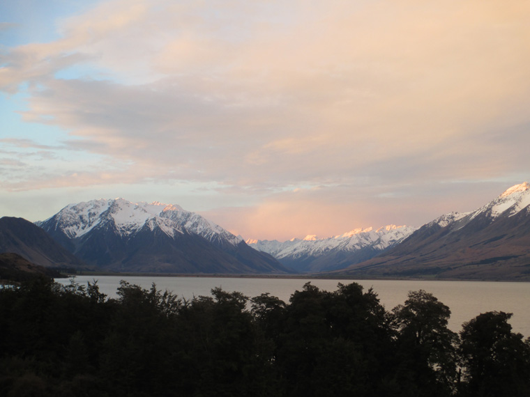 The view across Lake Ohau from the valley below