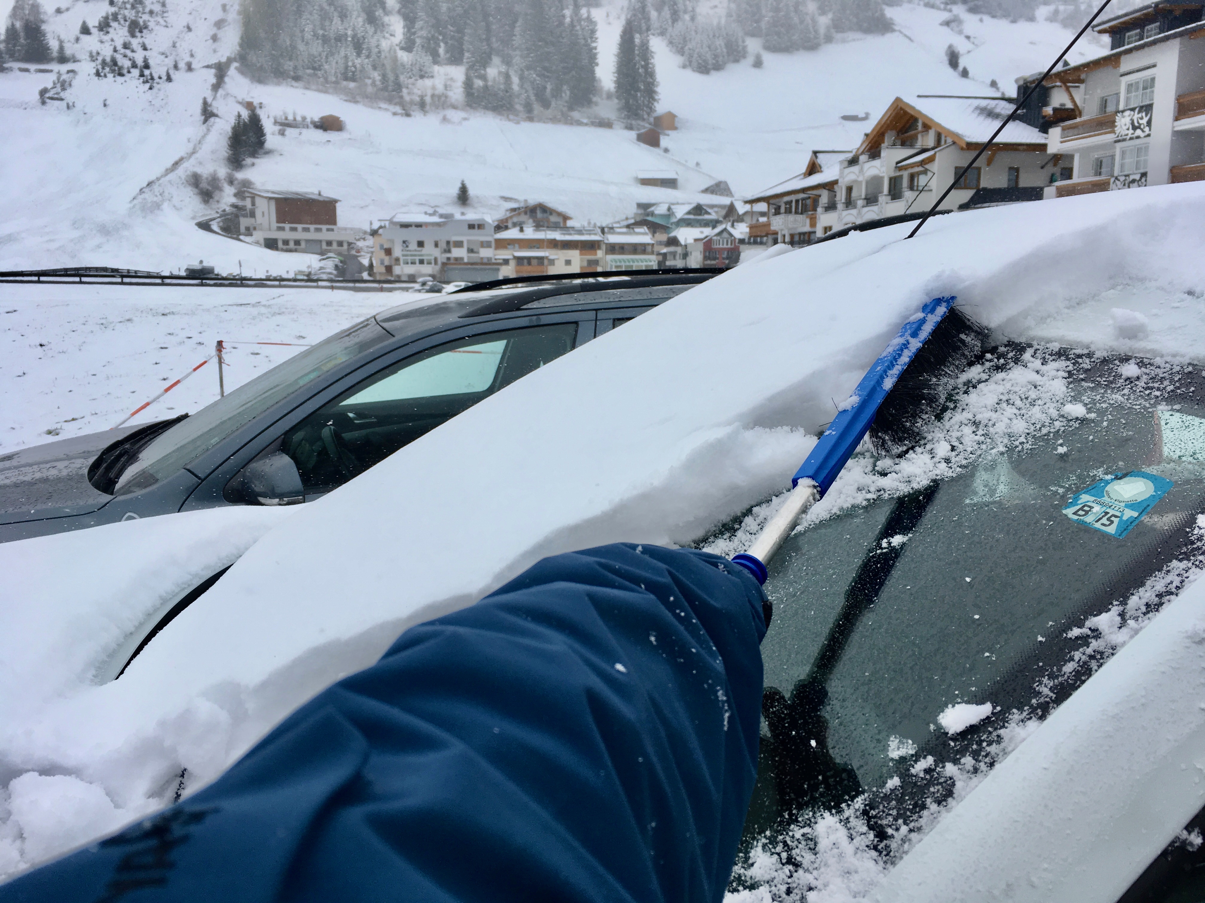 Heavy snow fall is a possibility at any time in the Alps, even right at the end of the season (this photos was taken on 28 April, the day before Ischgl closed for the season). A good brush is great for shifting snow without scratching your car. 
