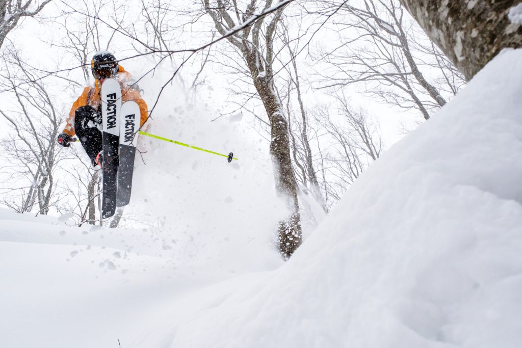 Sam Anthamatten skis his pro model ski, the Faction Prime 4.0, in Japan