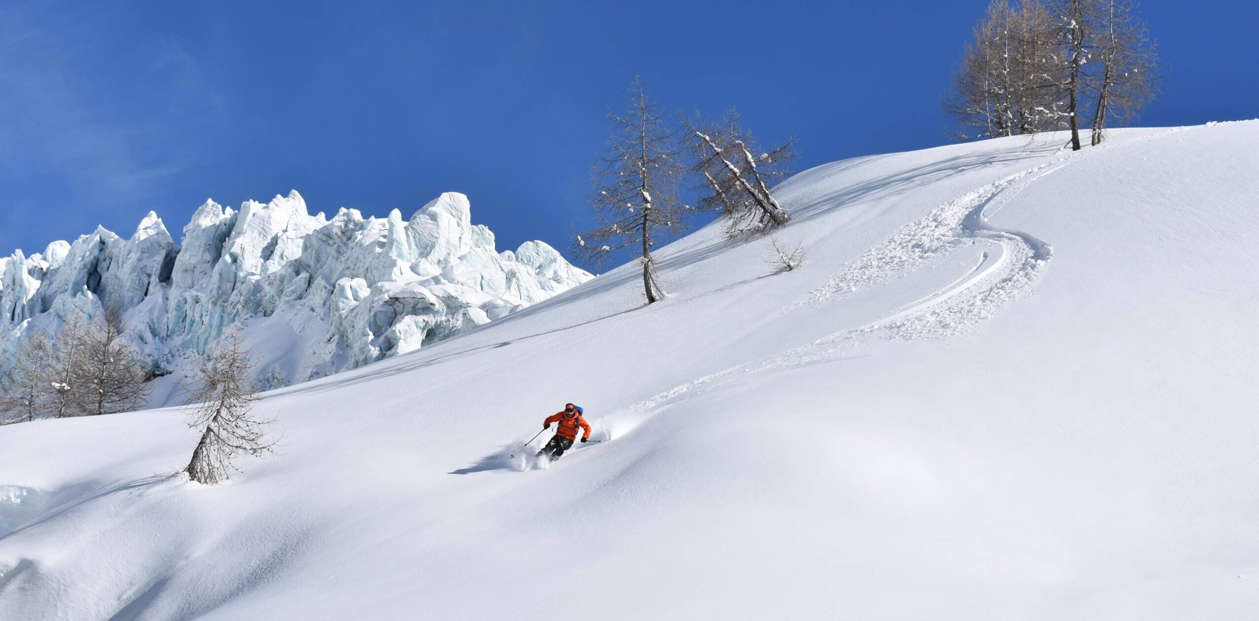 Skier in front of glacier in Argentiere in Chamonix