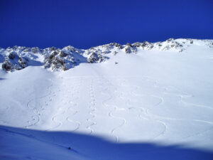 white, snowy face with various sets of neat lines from skiers tracks. Blue sky day.