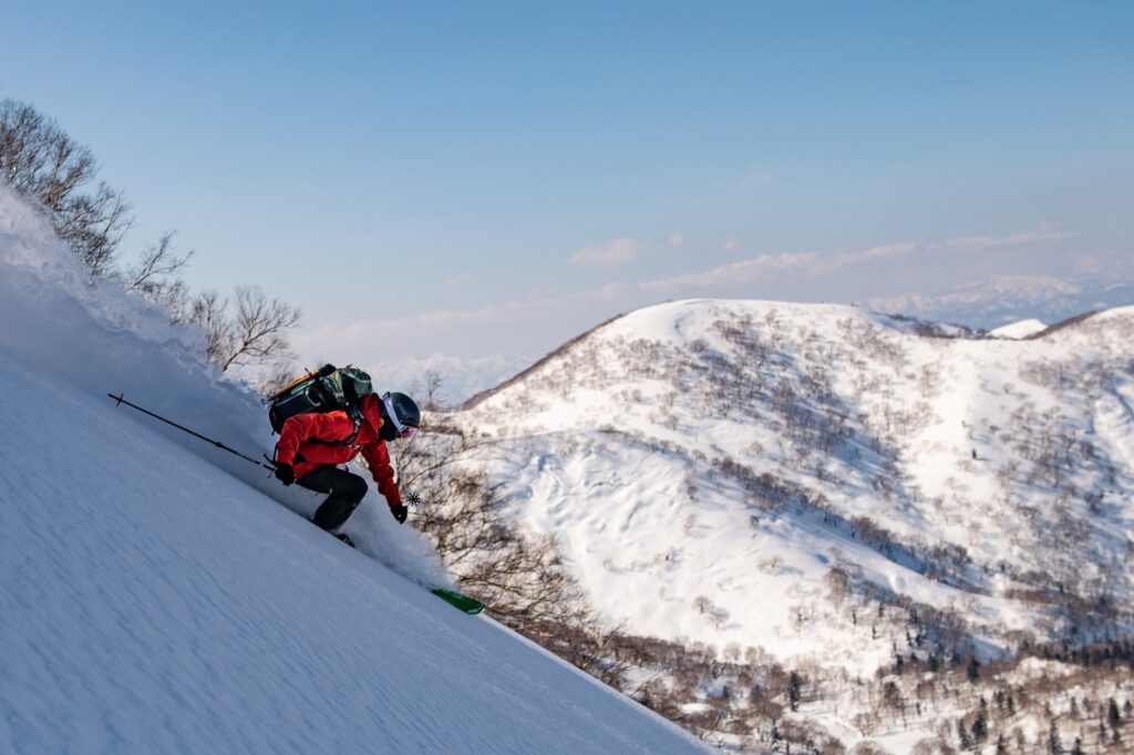 Skier in red in Japan