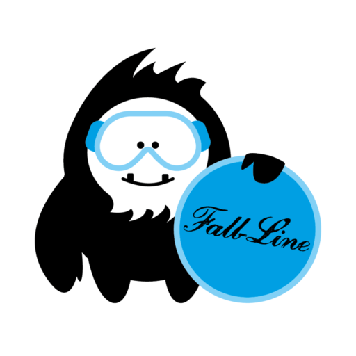 Cartoon yeti, wearing blue goggles, holds a blue disk reading 'Fall Line'