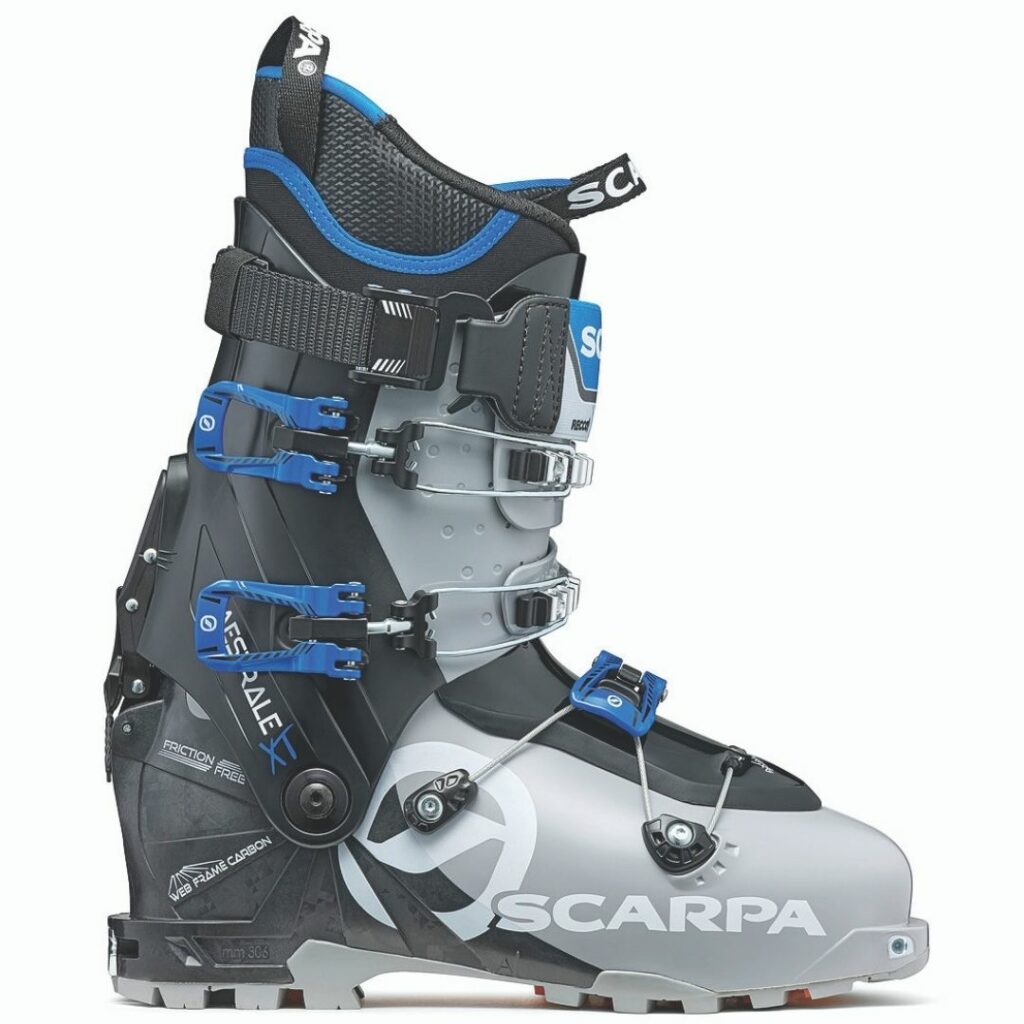 grey, black with flashes of dark blue ski touring boot from Scarpa brand in product photo