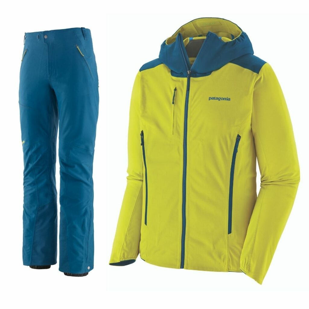 Patagonia ski jacket and pants in green and blue