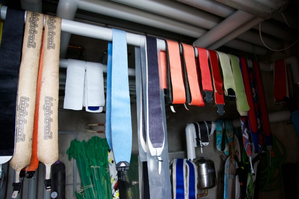 Ski touring skins drying in a safe space away from other ski kit.