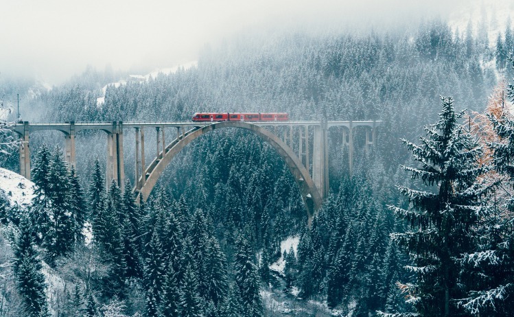 train on bridge in snowy landscape