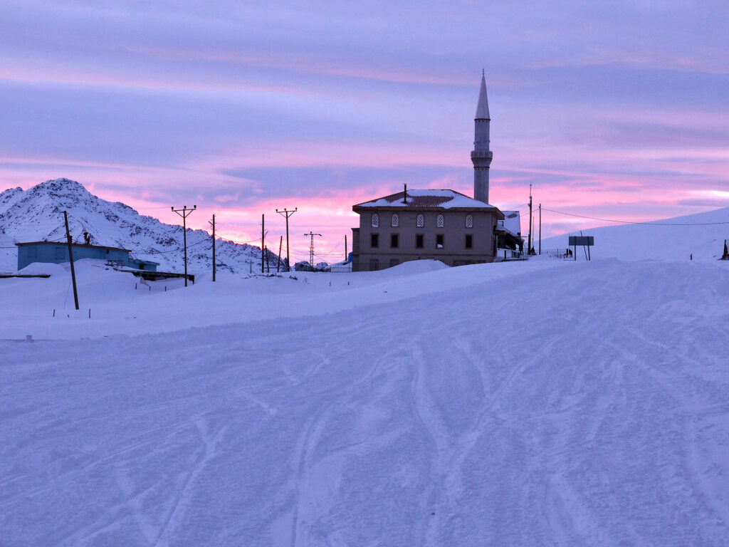 mosque on a ski slop at purple dusk
