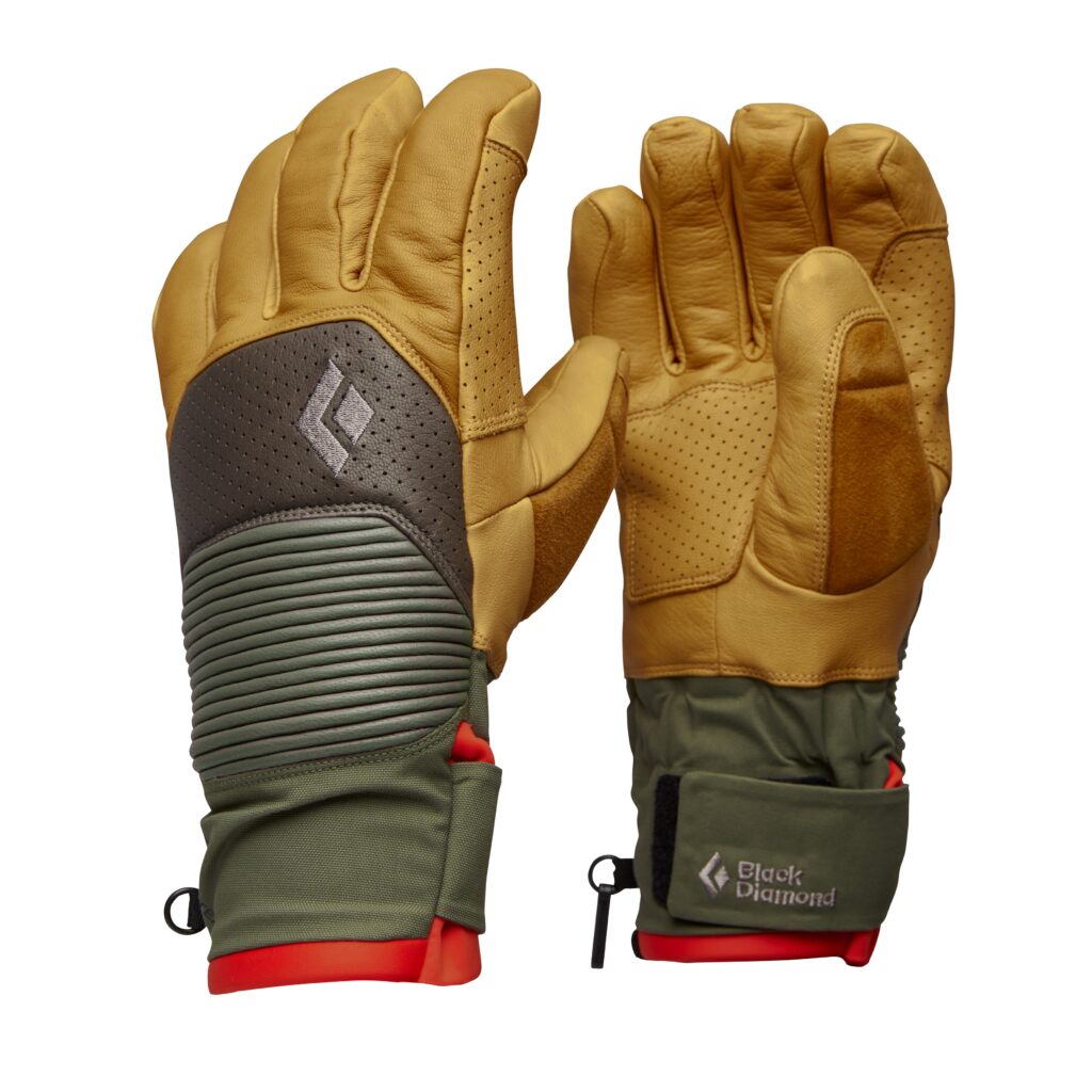 black diamond brand brown and green ski gloves, leather with velcro wrist fastener