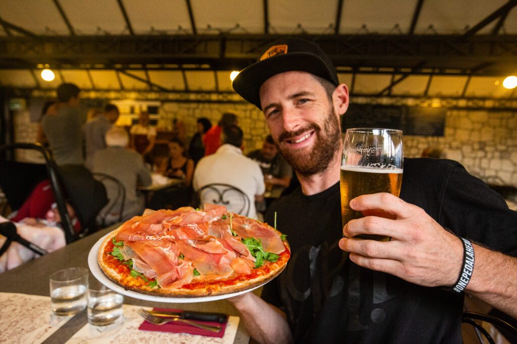 Founder Richard enjoying pizza in Morzine
