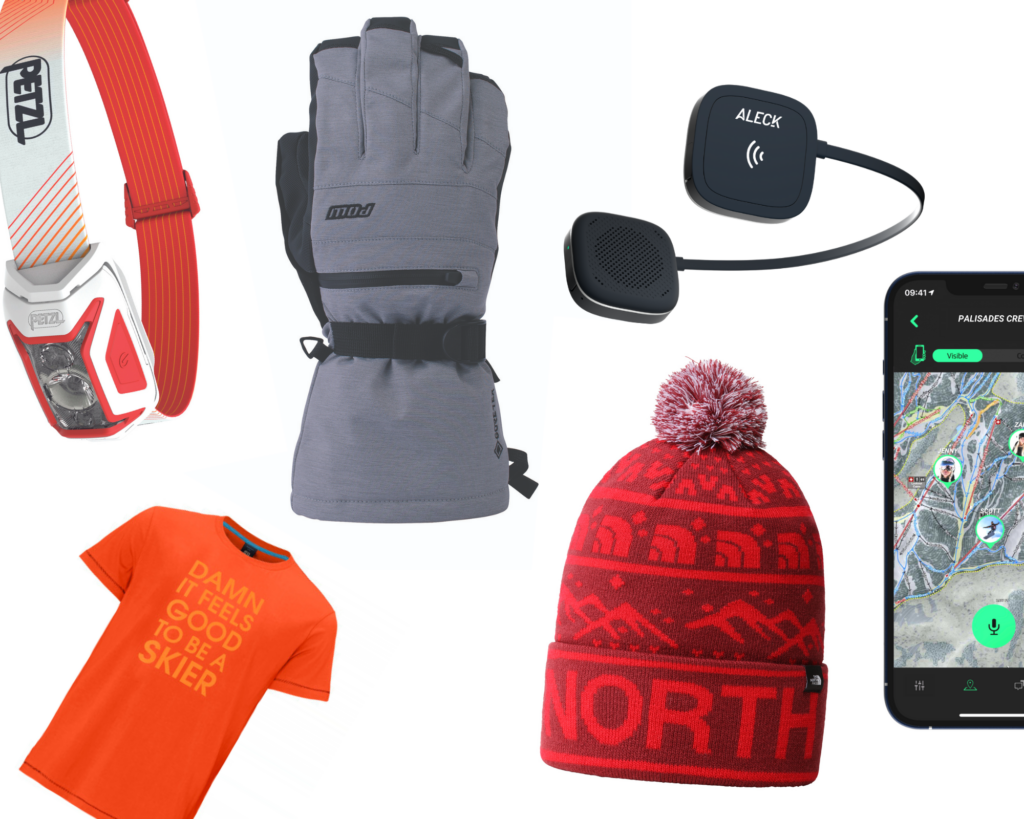 A compilation of the gifts available in the Fall Line Christmas gift giveaway: head torch, gloves, tee, bobble hat, and audio system