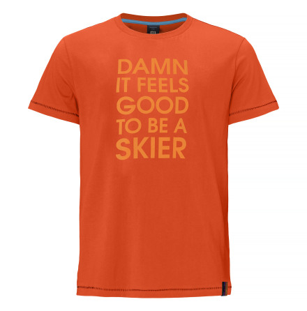 Orange Elevenate skiing tee with light writing "Damn it feels good to be a skier"