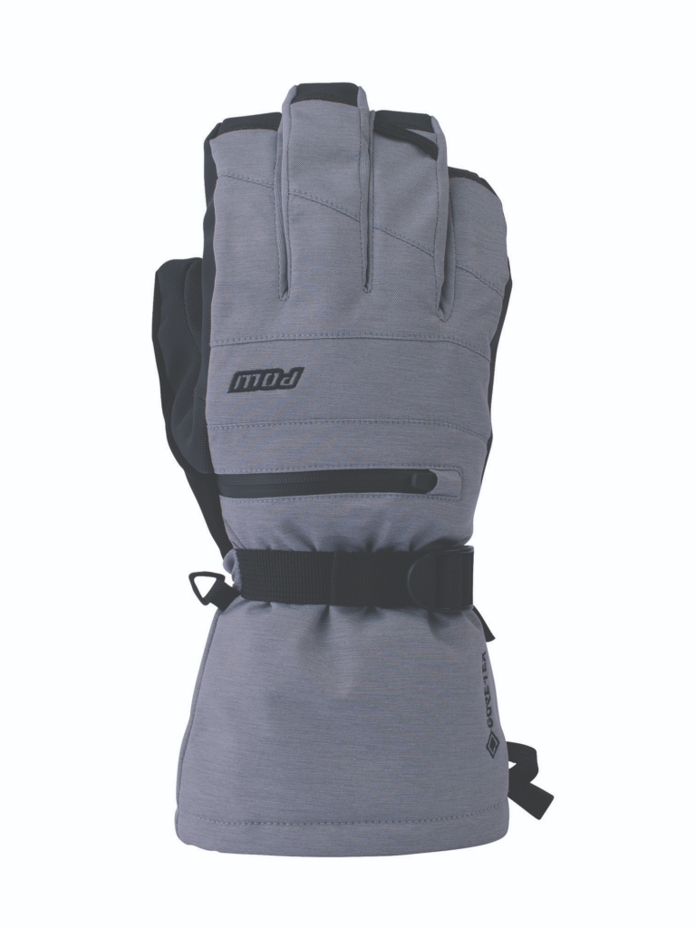 Grey, long arm gloves by the ski brand POW