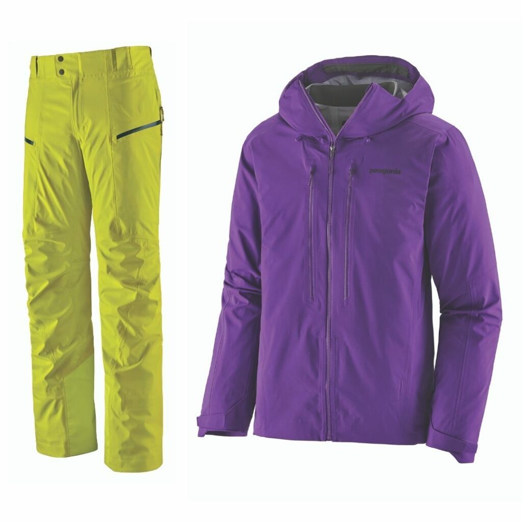 Patagonia ski gear outfit in purple and green