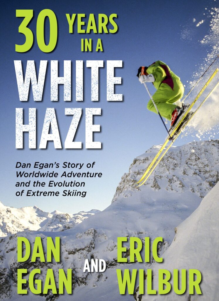 The front cover of Dan Egan's Book White Haze, picturing a freestyle skier