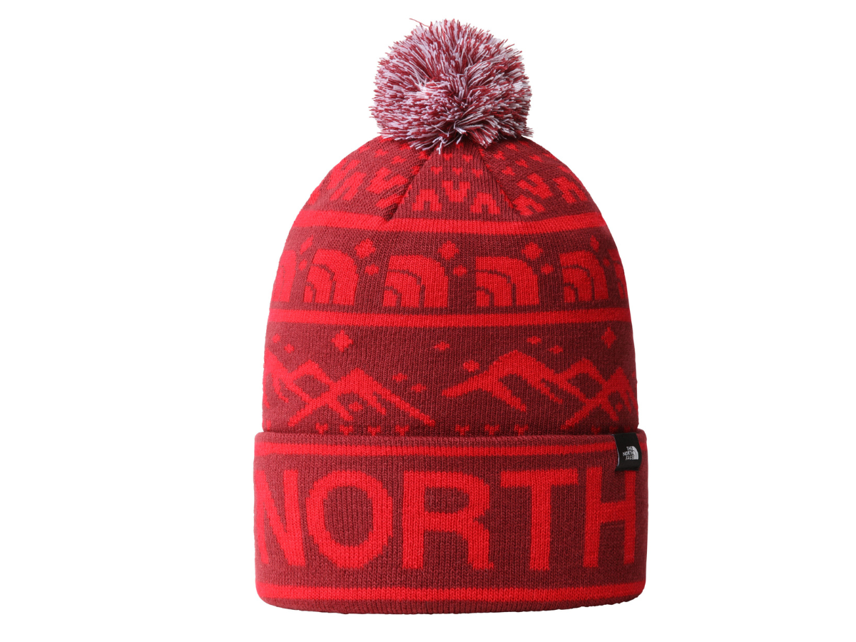 red bobble hat beanie with mountains design in stitching