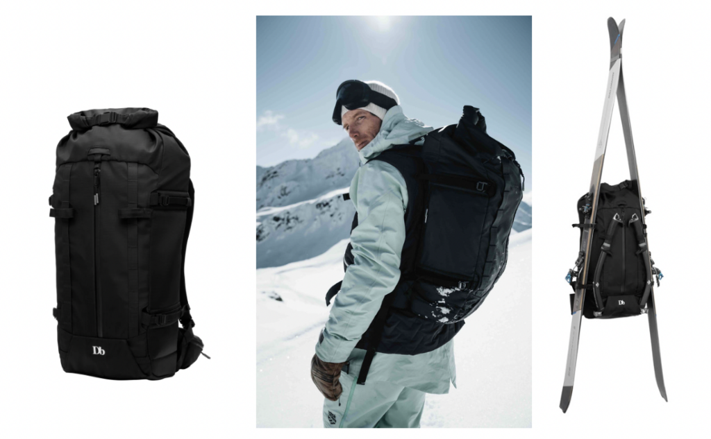 three images of black ski backpack - middle worn on the mountain by skier wearing plae blue against a snowy backdrop