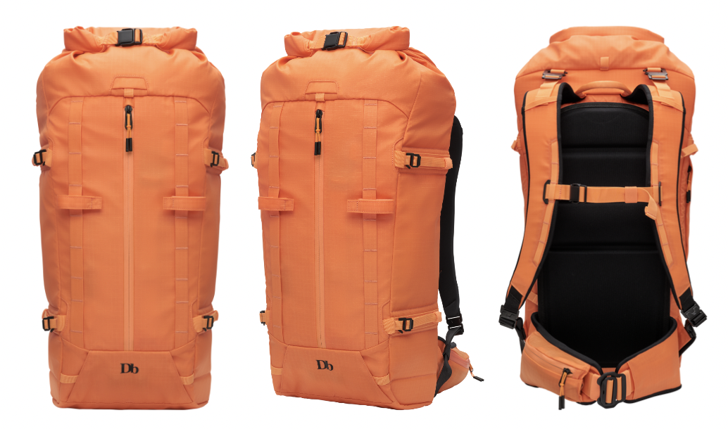 orange ski backpack photographed from 3 angles