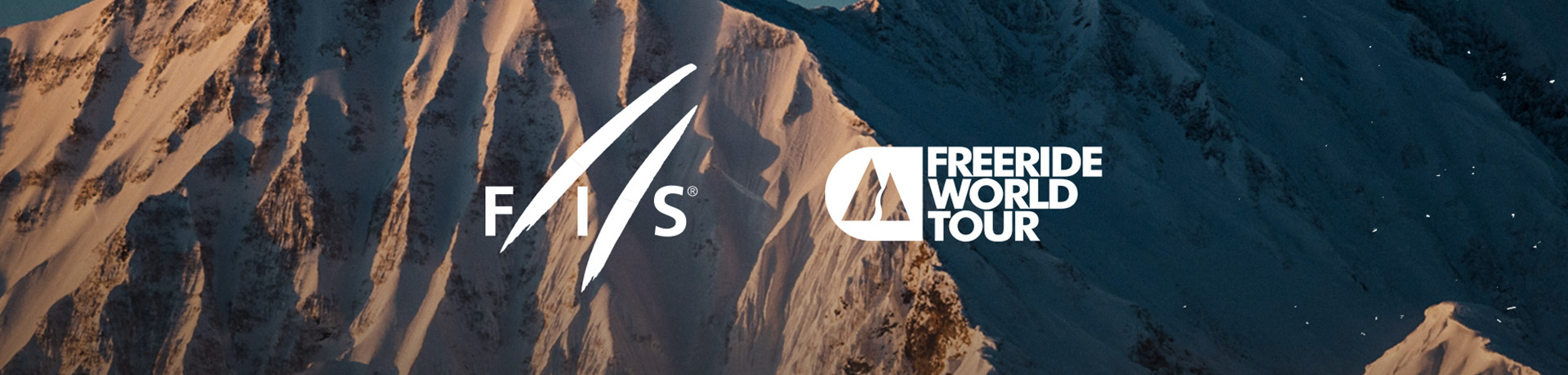 FIS and freeride World Tour logos over letterbox of rocky mountain background