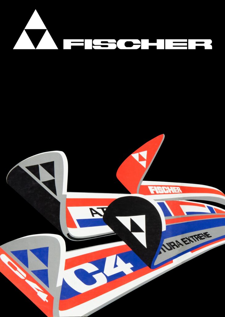 fischer poster of black background and red white and blue skis with big noses