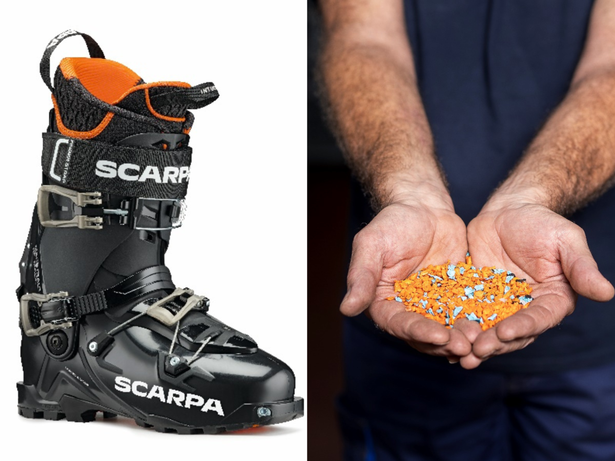 split image - one half featuring black ski touring boot, the other half the plastic production scraps held in man's hands from which the ski boot is partly made