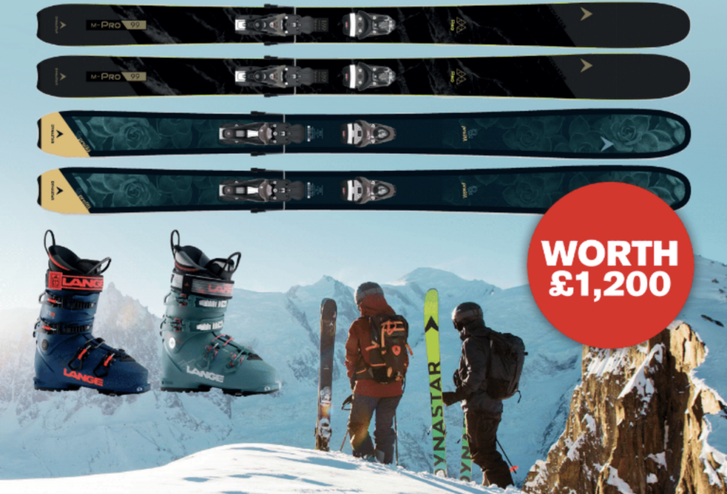 Two sets of skis, and two different boots overlayed on mountain scene with two skiers in shot, as a ski and boot competition advertorial in a magazine