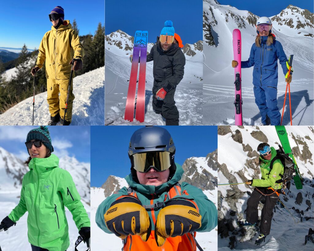 a montage of photos of the fall line ski testers. 6x pictures of skiers on snow