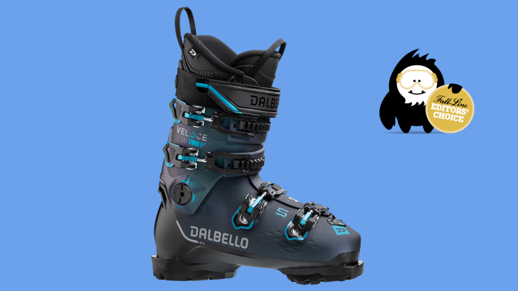 Dalbello alpine boot pictured on a blue background with Fall Line yeti