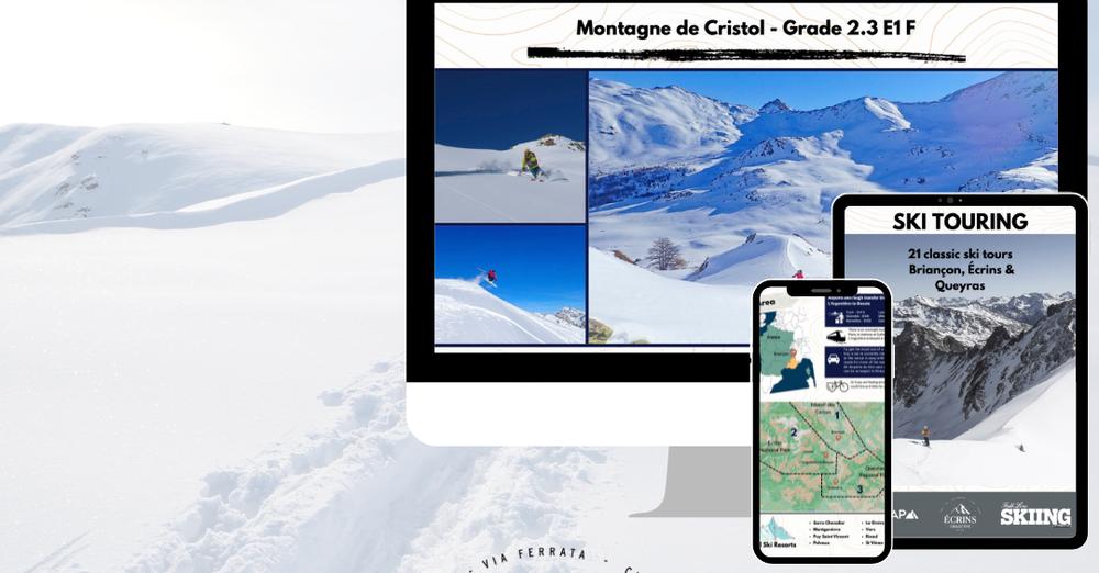 mock up of free ski touring app and guidebook on a computer screen, tablet and smart phone