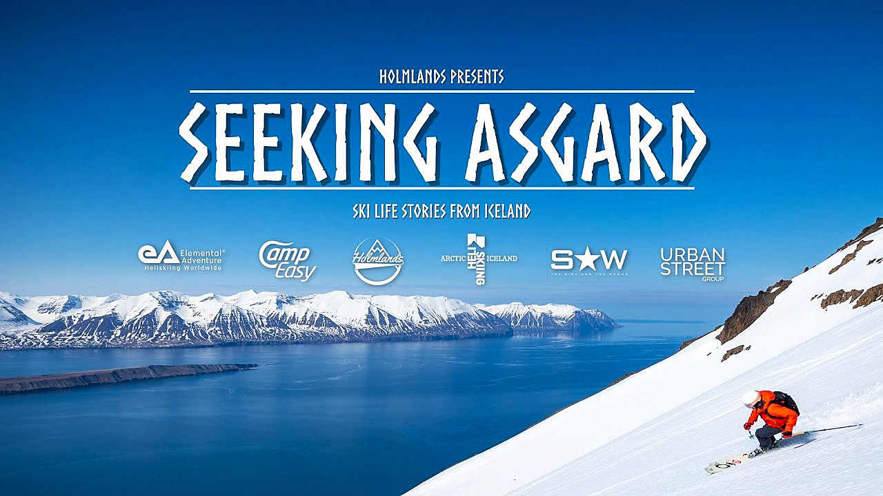 film poster cover for Seeking Asgard picturing skier in red skiing down on snow in front of the ocean