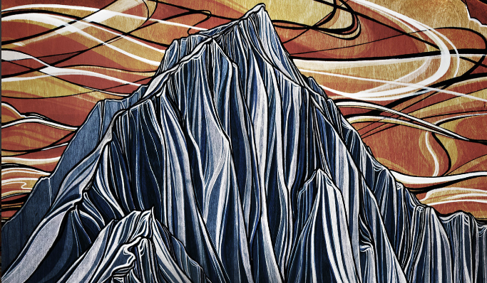 a drawn graphic design, movie cover, for Free Rider, of a huge mountain face streaked with spines, and an orange and yellow coloured sky