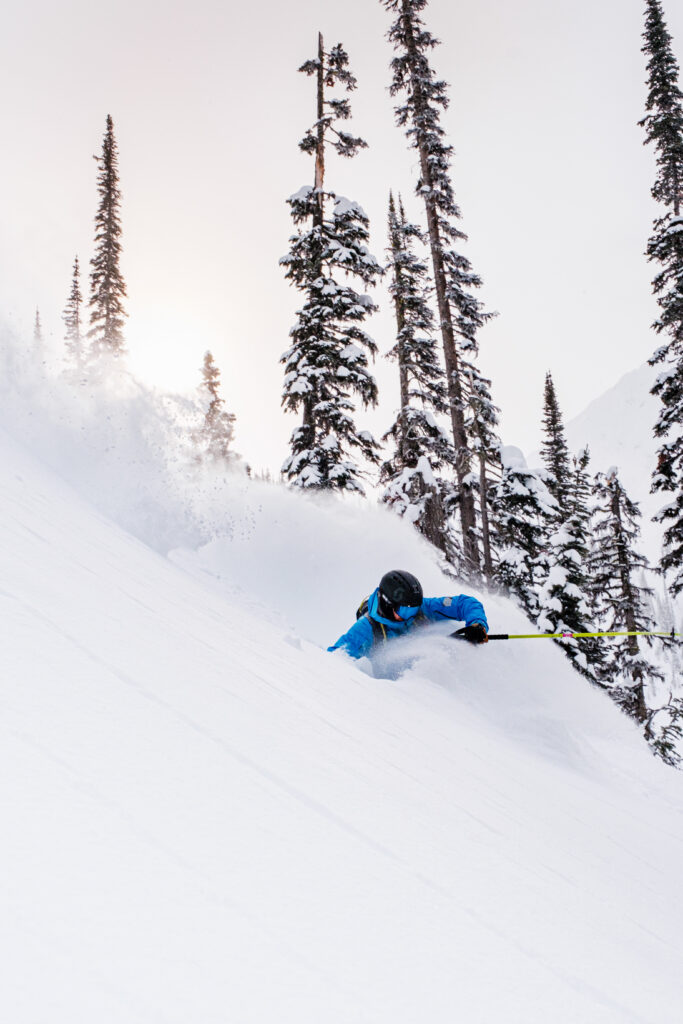 skier in waist deep power skiing in front of tall snowy trees in powder-filled British Columbia