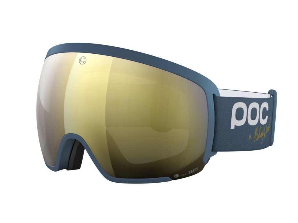 blue strap and frame POC goggles with a gold lens - a product photo from the brand