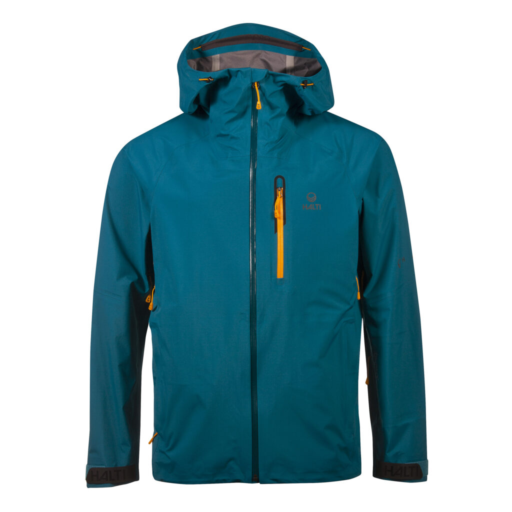 green/blue coloured Alpine Unisex DrymaxX Jacket with orange zippers