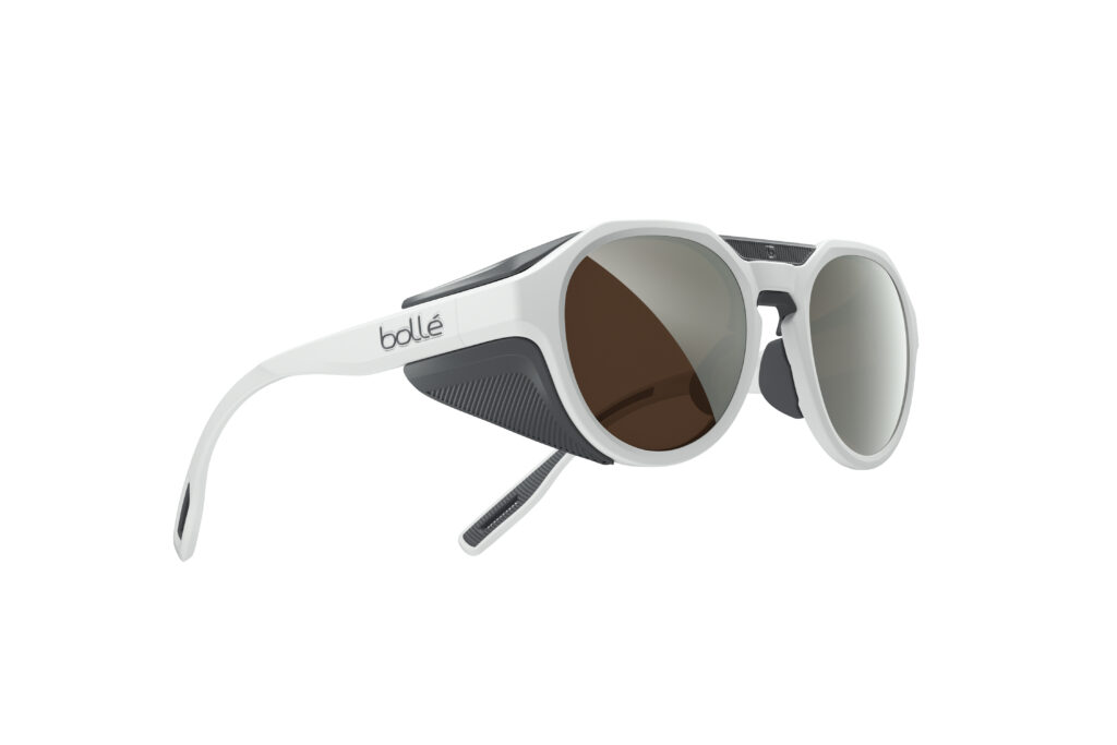 white bolle sunglasses with grey side blinders