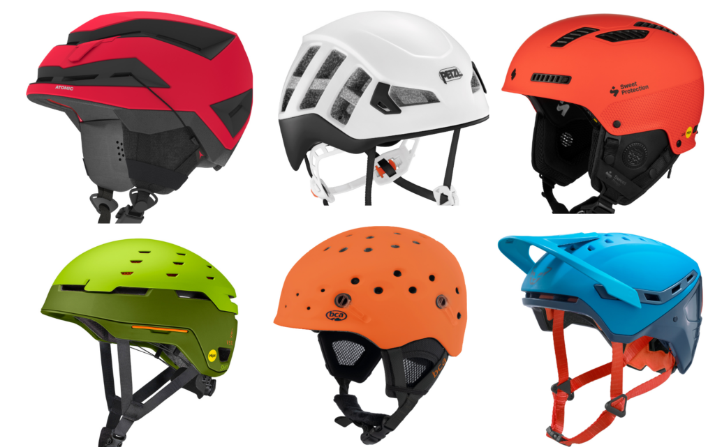 6 ski helmets of different colour pasted on a white background