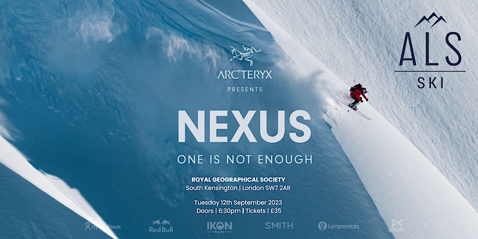 Ski movie poster for Nexus - with the image of a freeride skier on steep, deep, fresh snow skiing in the sun, next to shadow line
