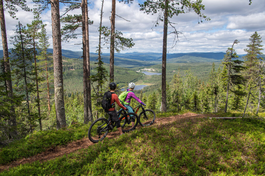 two mountain bikers look over forest and lake on a green mountain trail