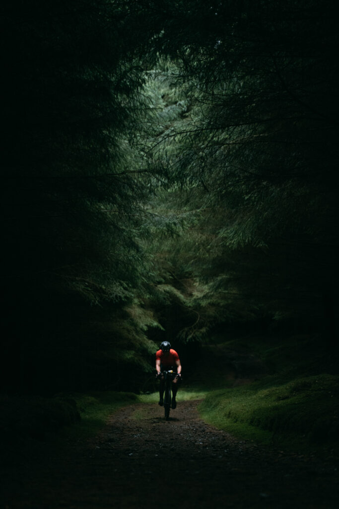 A dramatic image with a tunnel of light through thick, green forest, illuminating a lone cyclist on a track