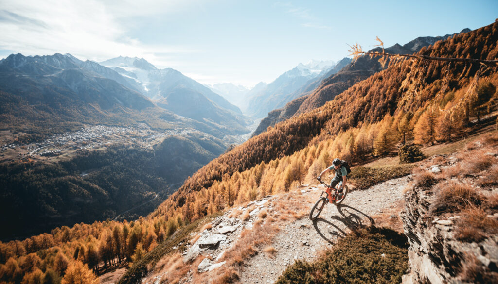 biker in golden landscape of dry mountains cycles alone a trail, high in mountains with valley visible below