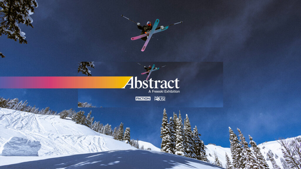 ski movie teaser cover shot of a skier jumping (blue and pink bases crossed) over a retro colour and typography title reading 'Abstract'