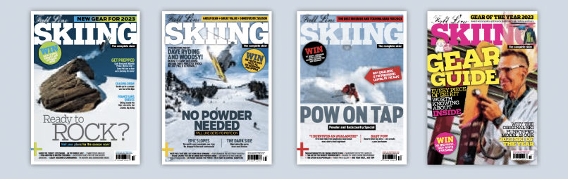 The four Fall Line magazine covers of 22-23 winter season placed next to each other on a pale blue background