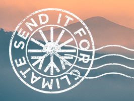 a mocked up stamp, with pinky orange sky over mountain silhouettes in the background, the logo for POW in the foreground (as the stamp mark) with word's reading 'send it for climate' - the project's title