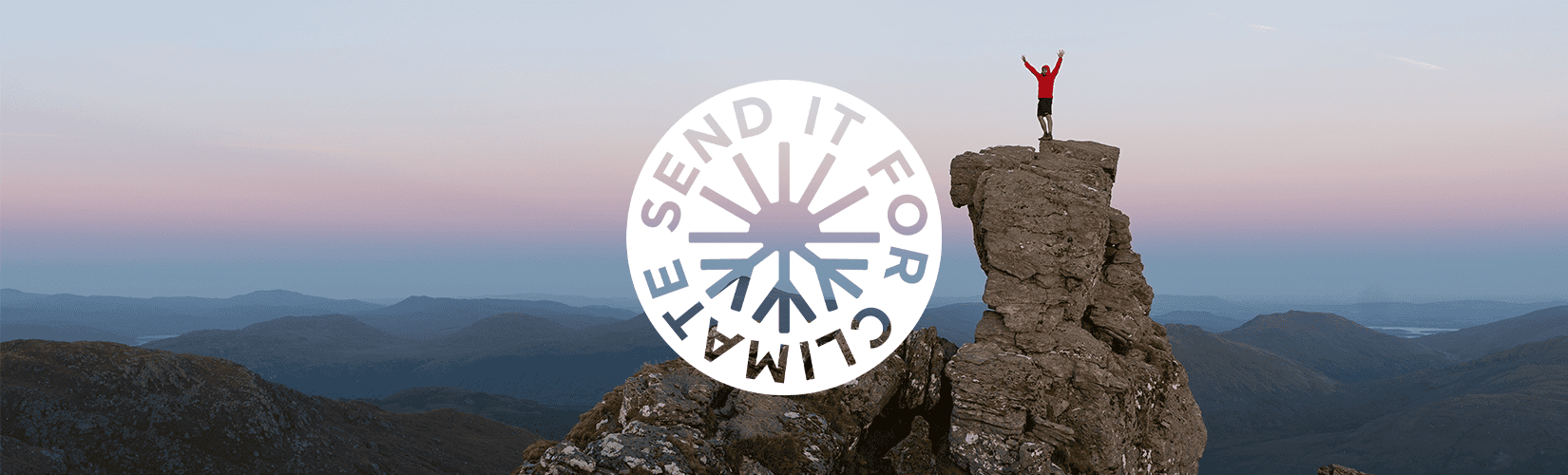 a letterbox-size image with a person in red, arms raised, standing on a rock stack, as the background, a stamp mark reading 'send it for climate' over-laying the image