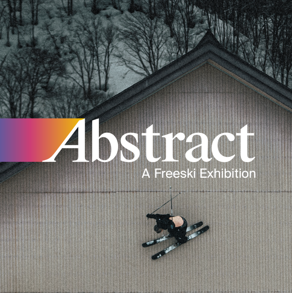 Still from a movie, for a cover poster, of Faction's 'Abstract a Freeski Exhibition' with a skier 90 degrees skiing up the wall of a barn
