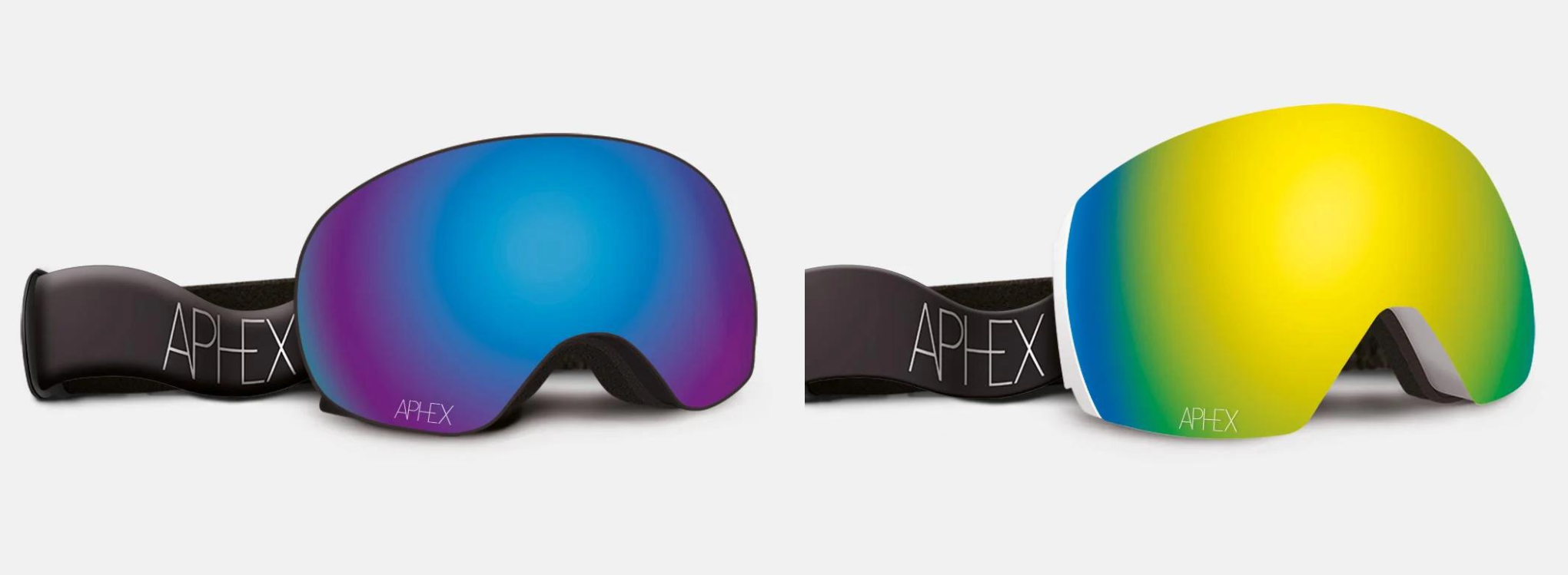 two pairs of ski goggles, one yellow lens, one blue-purple