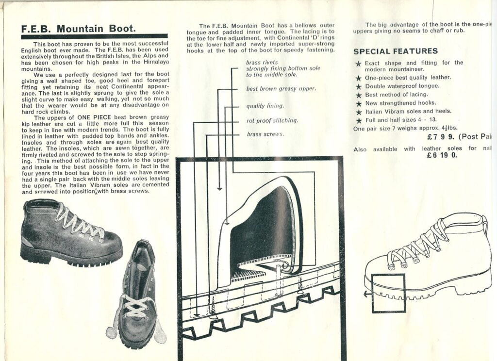 an old fashioned Ellis Brigham catalogue page from history on hiking boots