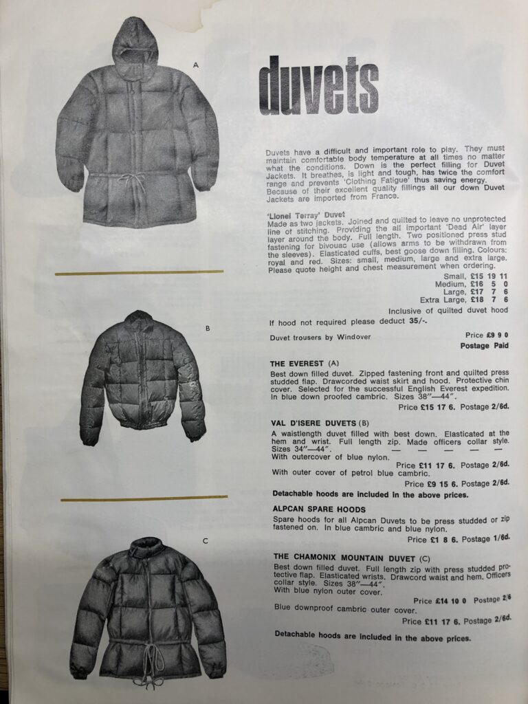 old catalogue page in black and white from Ellis Brigham featuring puffer jackets