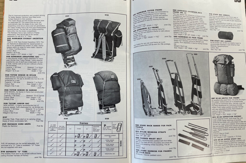 original frame packs featured in Ellis Brigham's catalogue from history