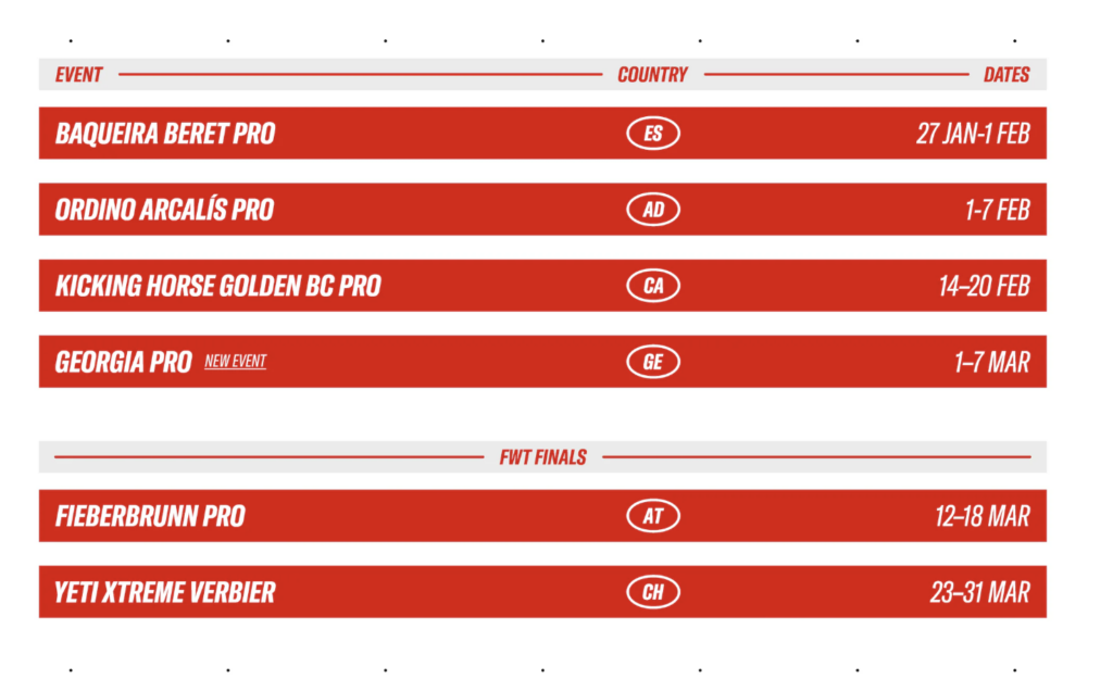 diary table of FWT events in various locations and countries